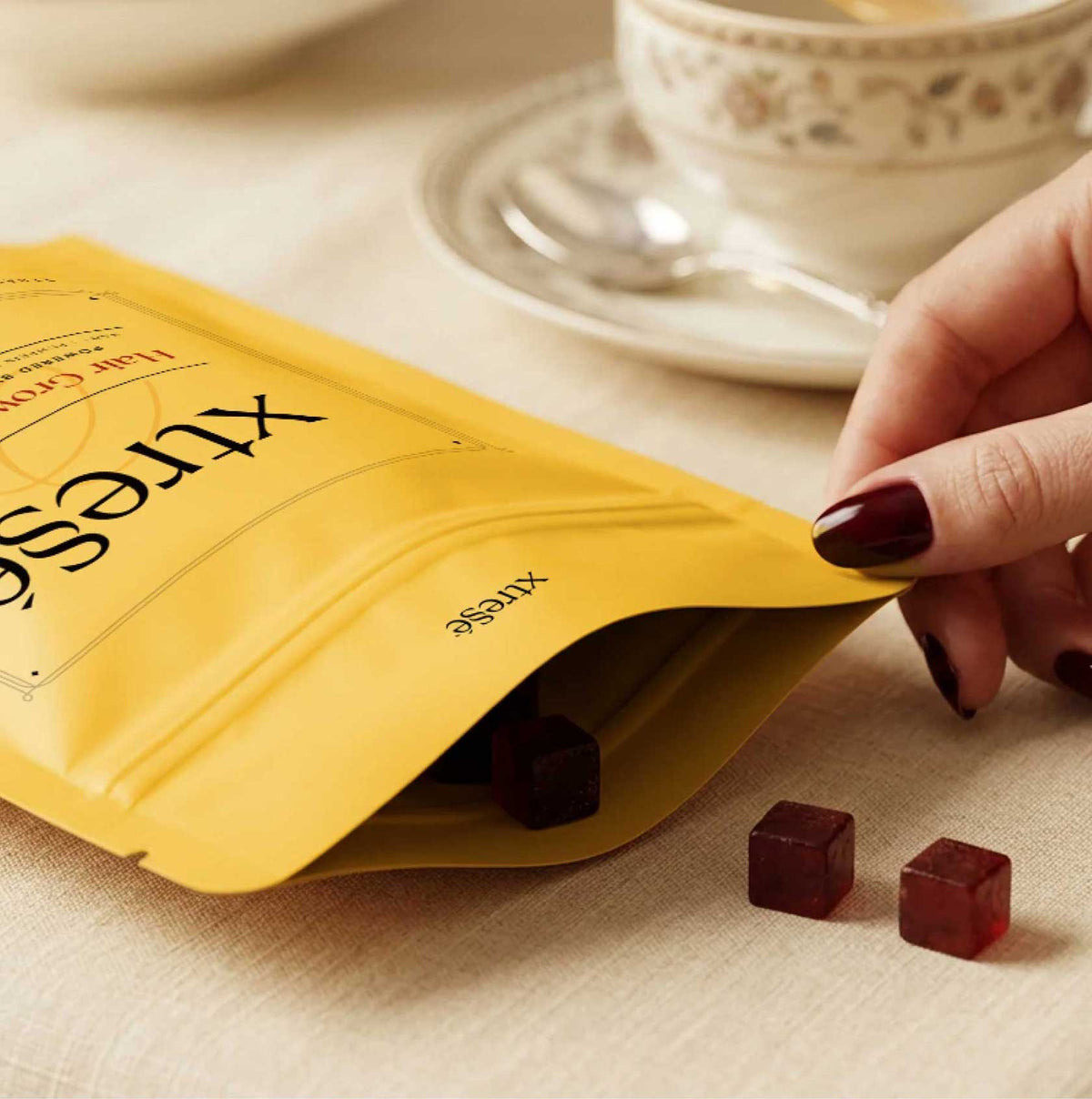 Advanced Dermatology Xtressé Hair Growth Gummies lifestyle – woman opening gold gummies pouch with red strawberry-flavored hair growth gummies on linen table with teacup in background
