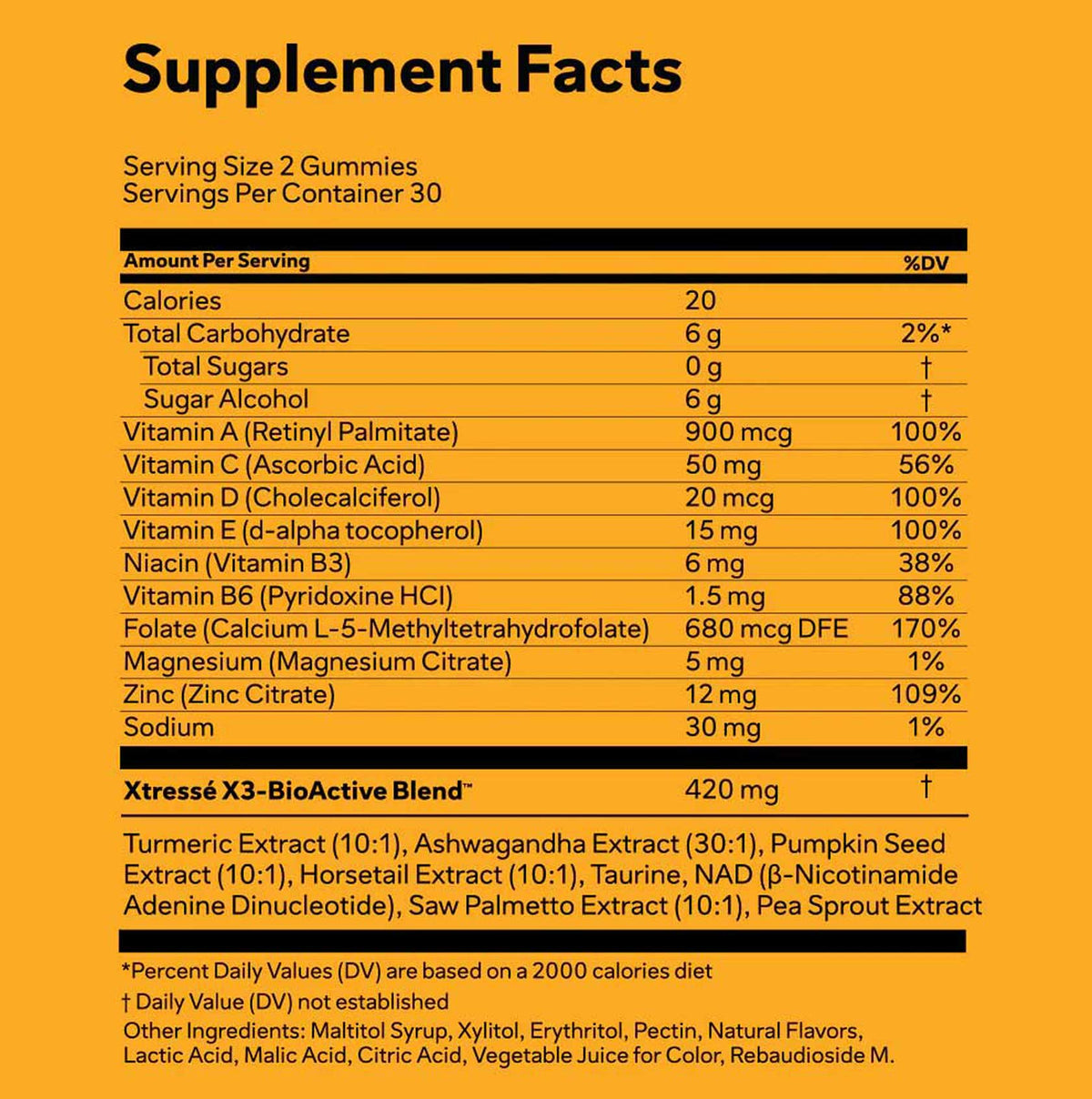 Advanced Dermatology Xtressé Hair Growth Gummies supplement facts – full ingredient label showing X3-BioActive Blend with turmeric, ashwagandha, pumpkin seed extract, taurine, NAD+, saw palmetto, and essential vitamins and zinc