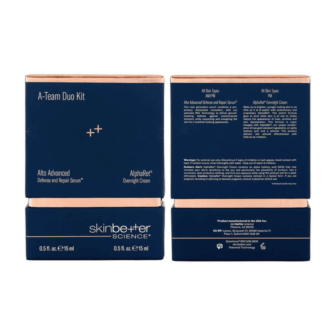 Skinbetter Science A-Team Duo Kit front and back packaging – Alto Advanced Defense and Repair Serum and AlphaRet Overnight Cream, 0.5 fl oz each