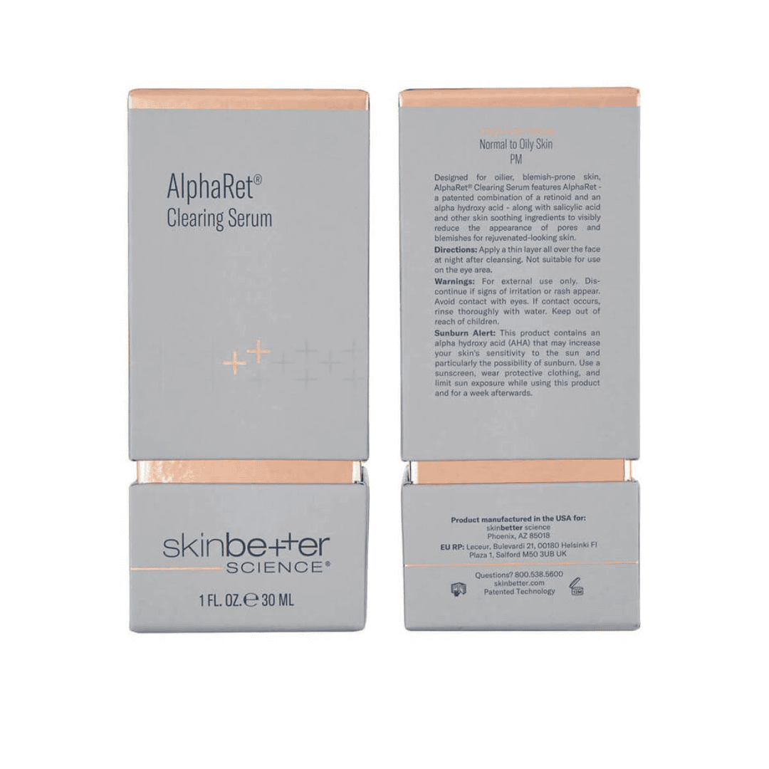 Skinbetter Science AlphaRet Clearing Serum 30ml front and back packaging – PM retinoid serum with AHA and salicylic acid for normal to oily, blemish-prone skin