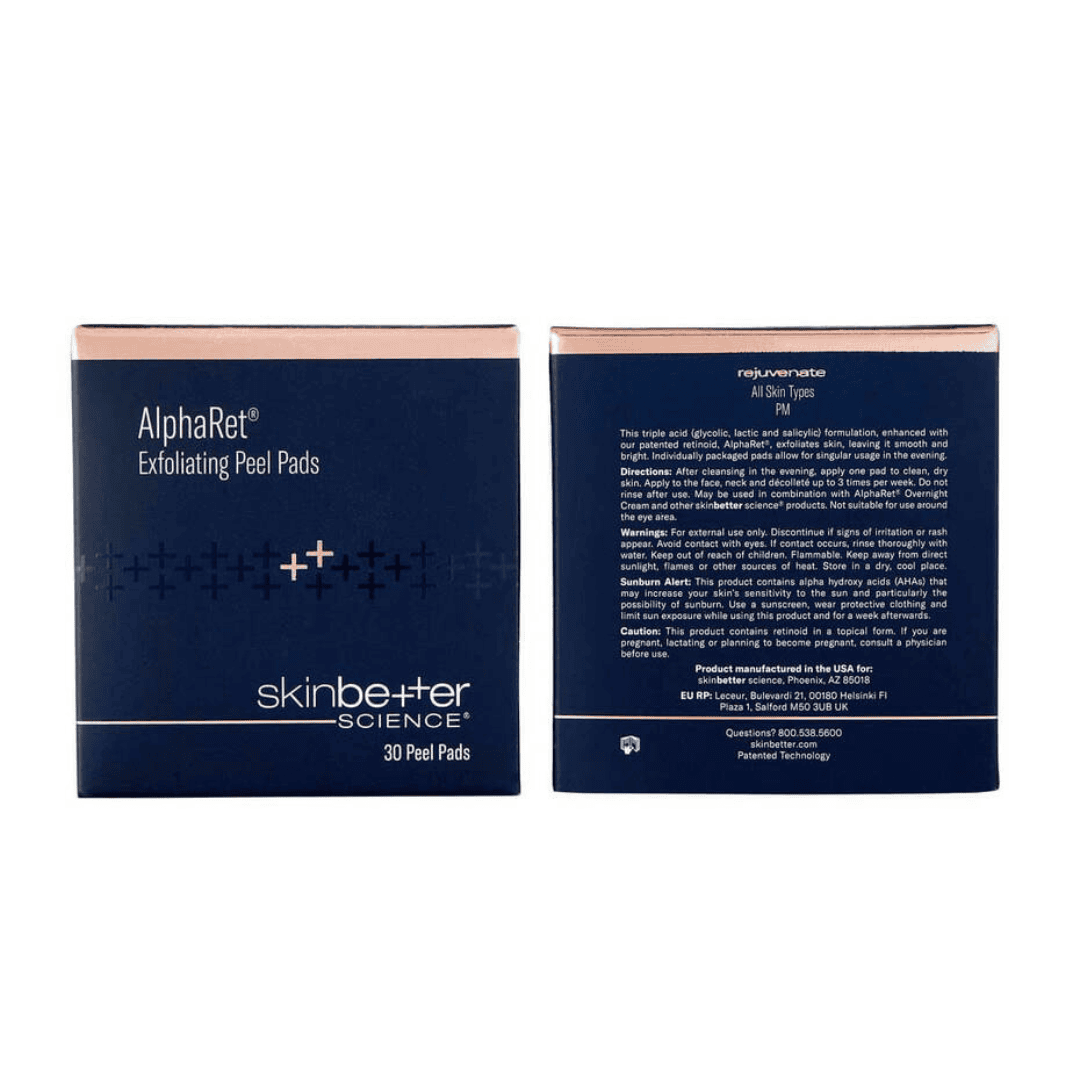 Skinbetter Science AlphaRet Exfoliating Peel Pads front and back packaging – 30 PM peel pads with glycolic, lactic, salicylic acid and retinoid for all skin types