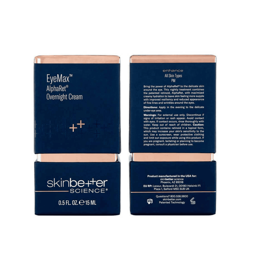 Skinbetter Science EyeMax AlphaRet Overnight Cream 15ml front and back packaging – all skin types PM retinoid eye cream for resiliency and reduced appearance of fine lines around the eyes