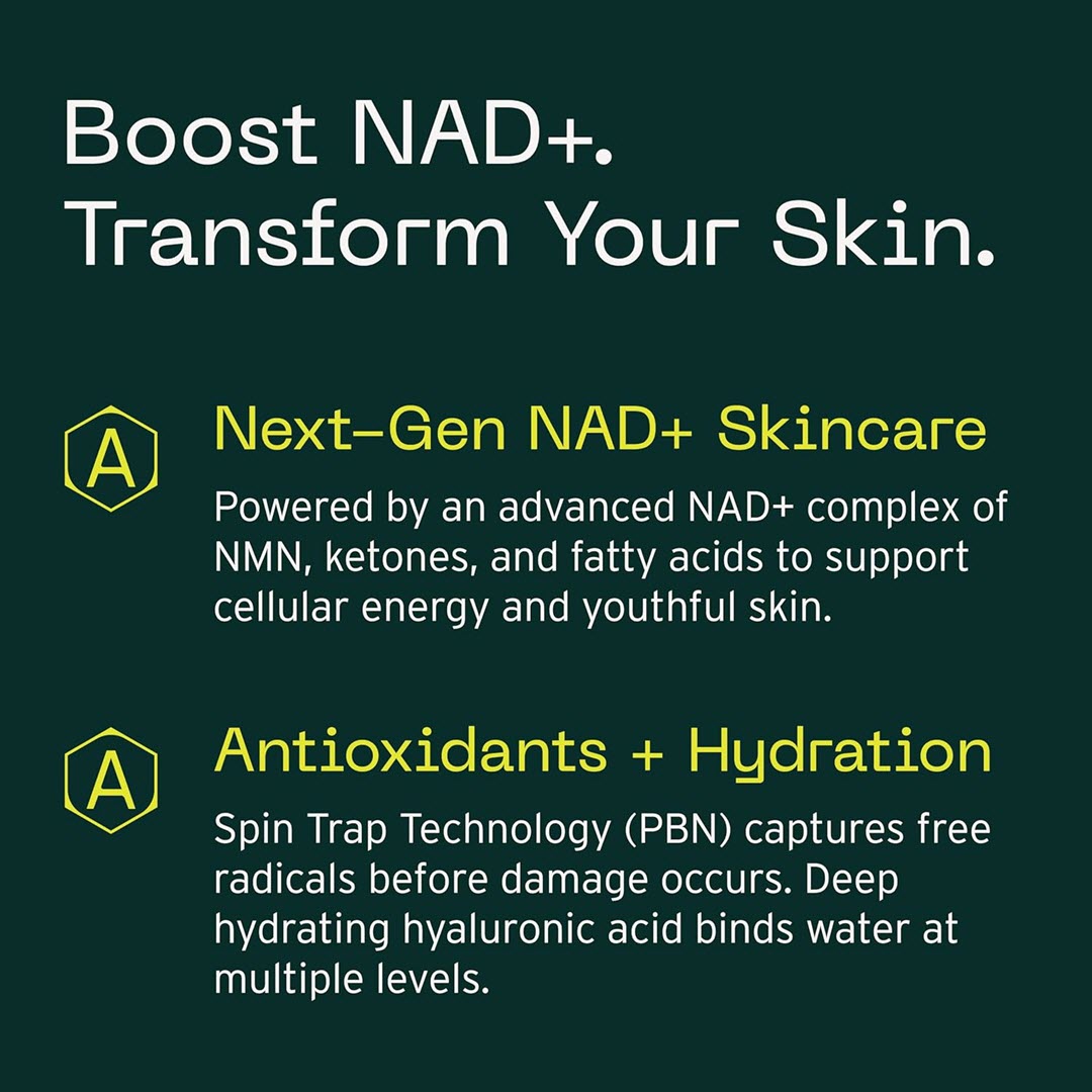 Aramore NAD+ Cell Energizing Treatment ingredients: NMN, ketones and fatty acids that boost cellular energy and hydrate skin