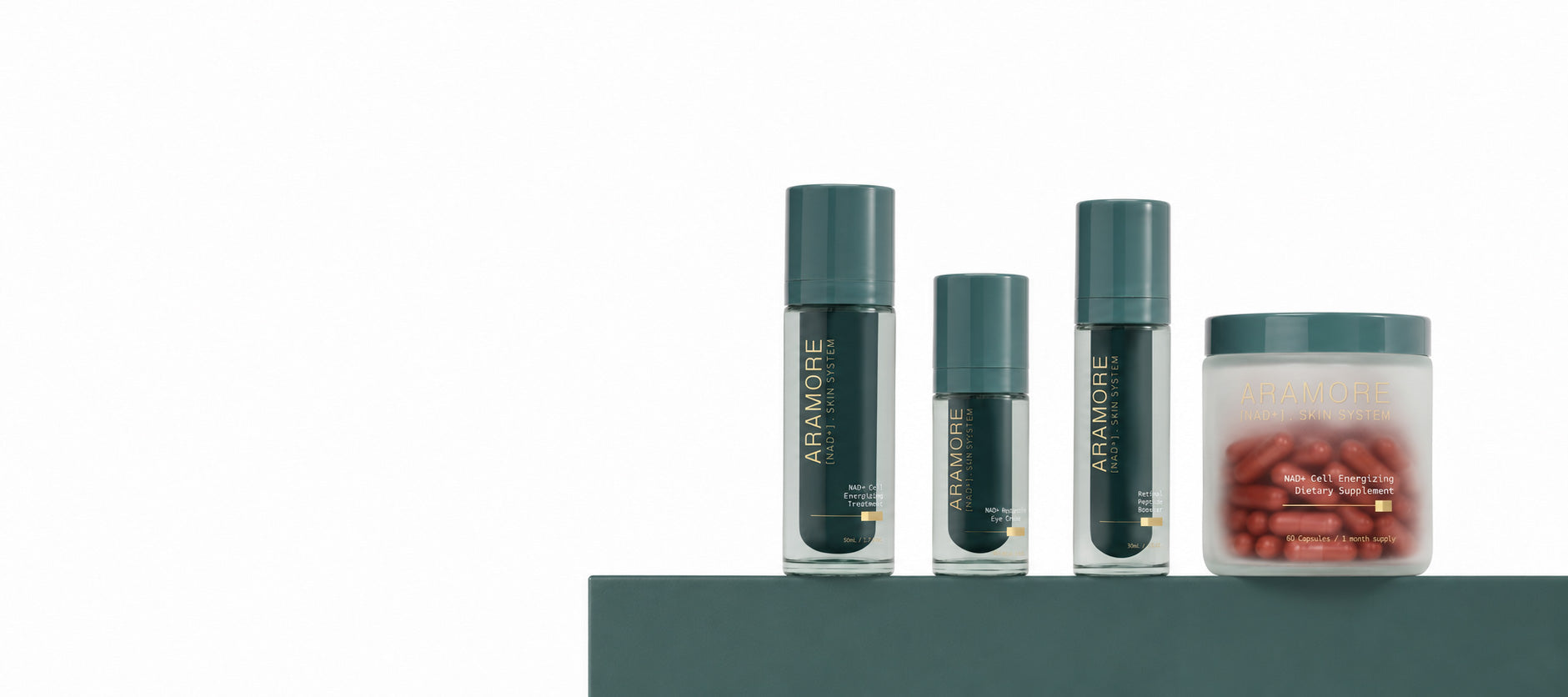 Three ARAMORE skincare bottles and one jar with dark teal caps and lids, arranged on a dark teal platform against a white background.