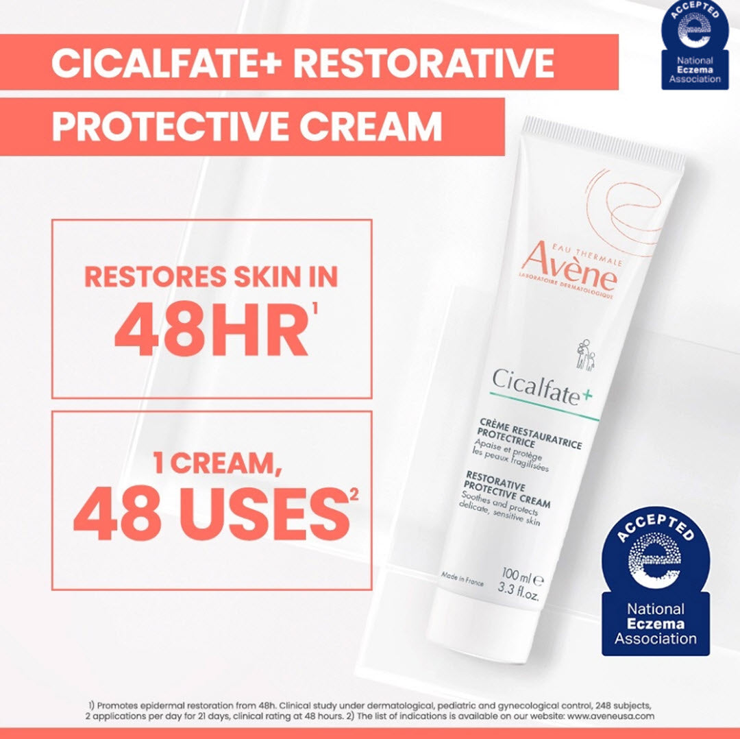 Avene Cicalfate+ Restorative Protective Cream shown restoring skin in 48 hours with 48 uses per tube