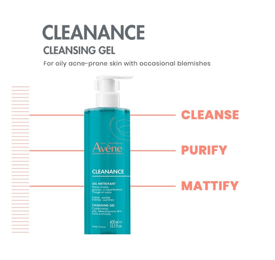 Avene Cleanance Cleansing Gel for oily, acne-prone skin, labeled to cleanse, purify, and mattify