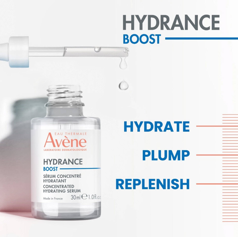 Avene Hydrance BOOST Concentrated Hydrating Serum bottle labeled to hydrate, plump, and replenish skin