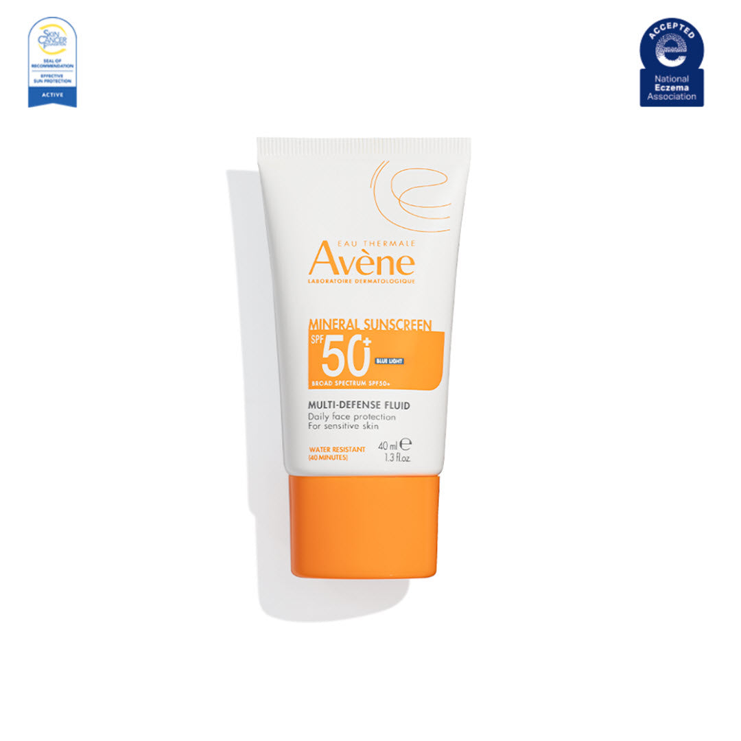 Avene Mineral Sunscreen Multi-Defense Fluid SPF 50+ tube, 40ml / 1.3 fl oz, Skin Cancer Foundation Seal of Recommendation