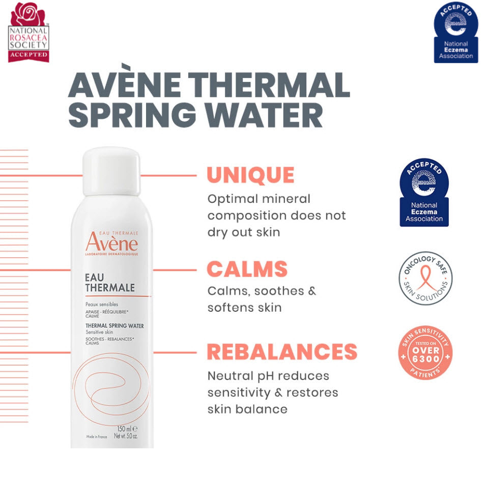 Avene Thermal Spring Water shown with National Rosacea Society and National Eczema Association Accepted seals, Oncology Safe, tested on over 6300 patients