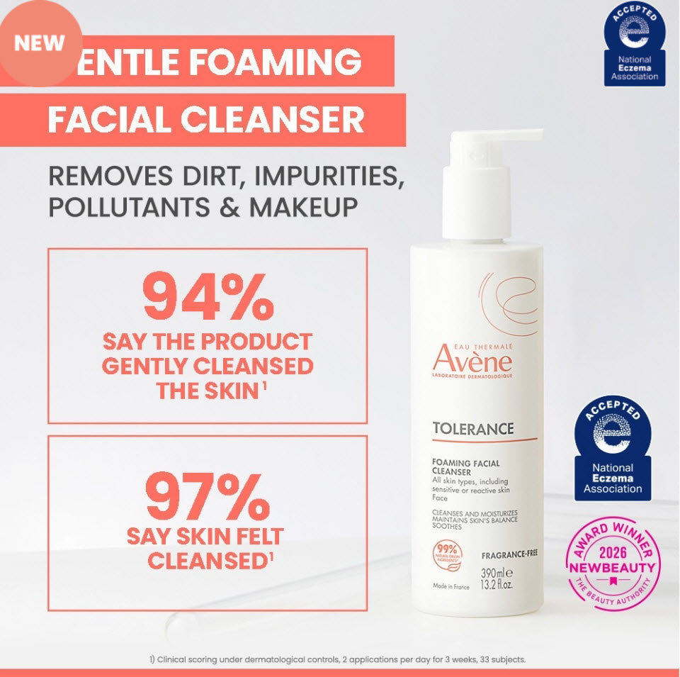 Avene Tolerance Foaming Facial Cleanser gentle foaming facial cleanser shown to remove dirt, impurities, pollutants and makeup, with 94% saying it gently cleansed skin