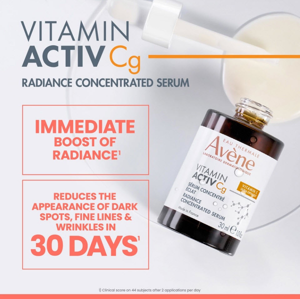 Avene Vitamin Activ Cg Radiance Concentrated Serum shown giving an immediate boost of radiance and reducing dark spots, fine lines, and wrinkles in 30 days