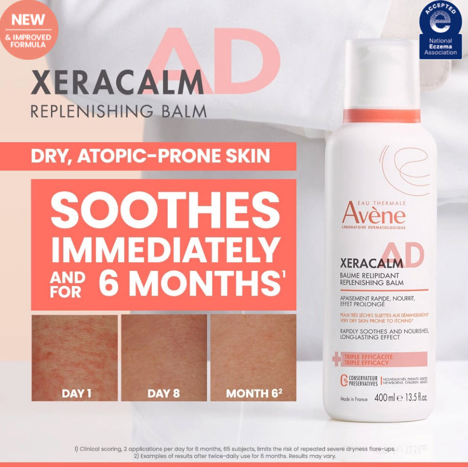 Avene XeraCalm A.D Replenishing Balm before/after clinical results on dry, atopic-prone skin at Day 1, Day 8, and Month 6