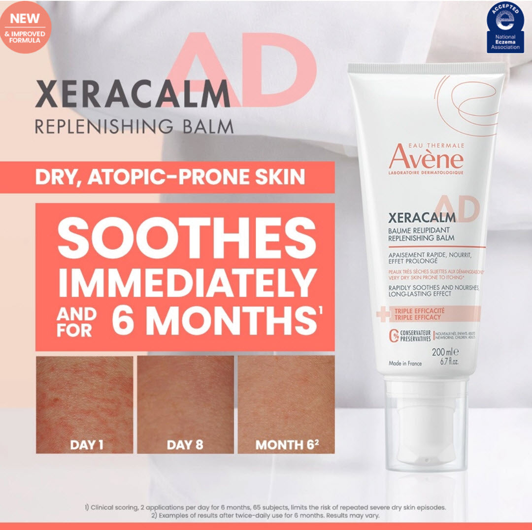Avene XeraCalm A.D Replenishing Balm before/after clinical results on dry, atopic-prone skin at Day 1, Day 8, and Month 6