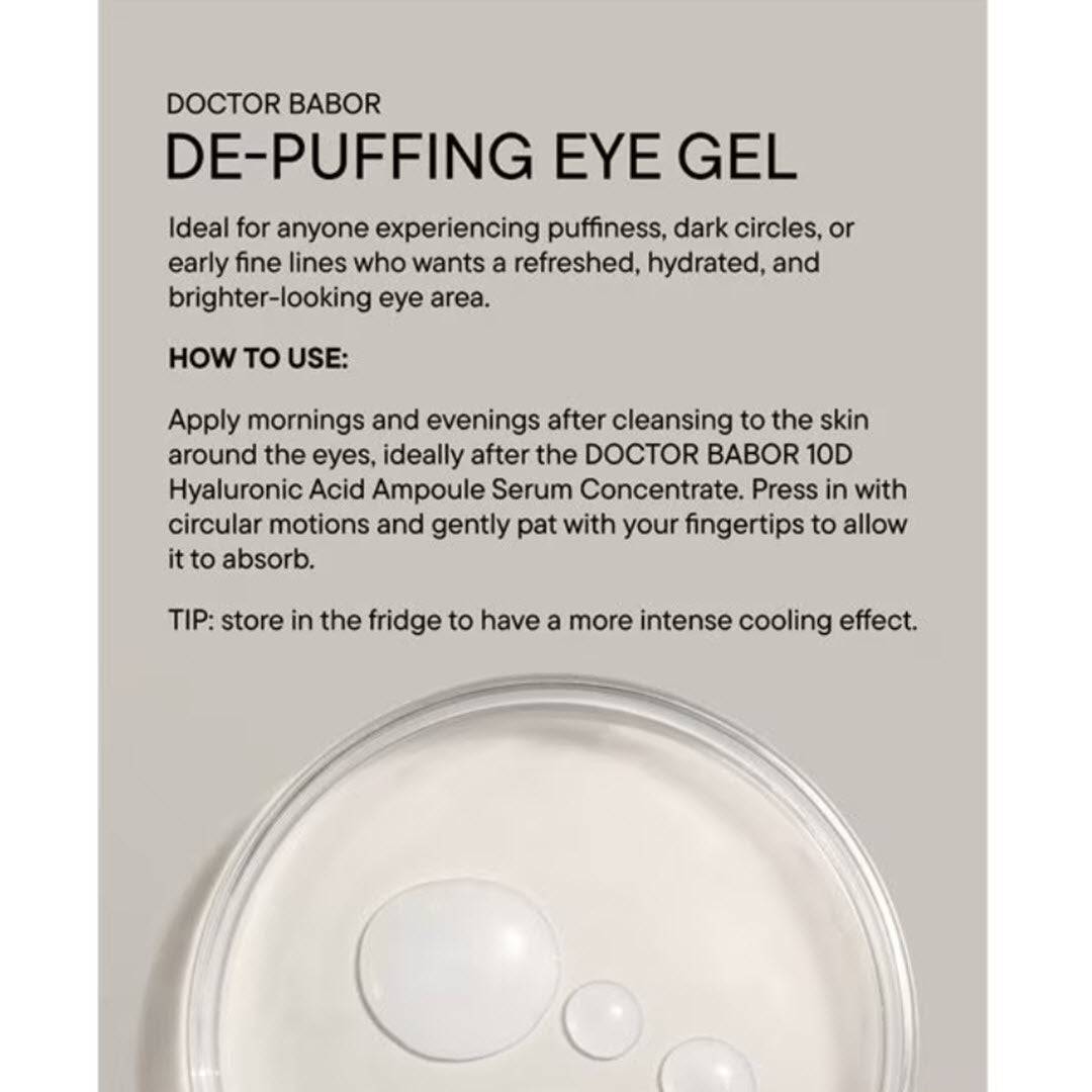 BABOR Depuffing Eye Gel description and how to use for puffiness dark circles and fine lines with cooling gel texture