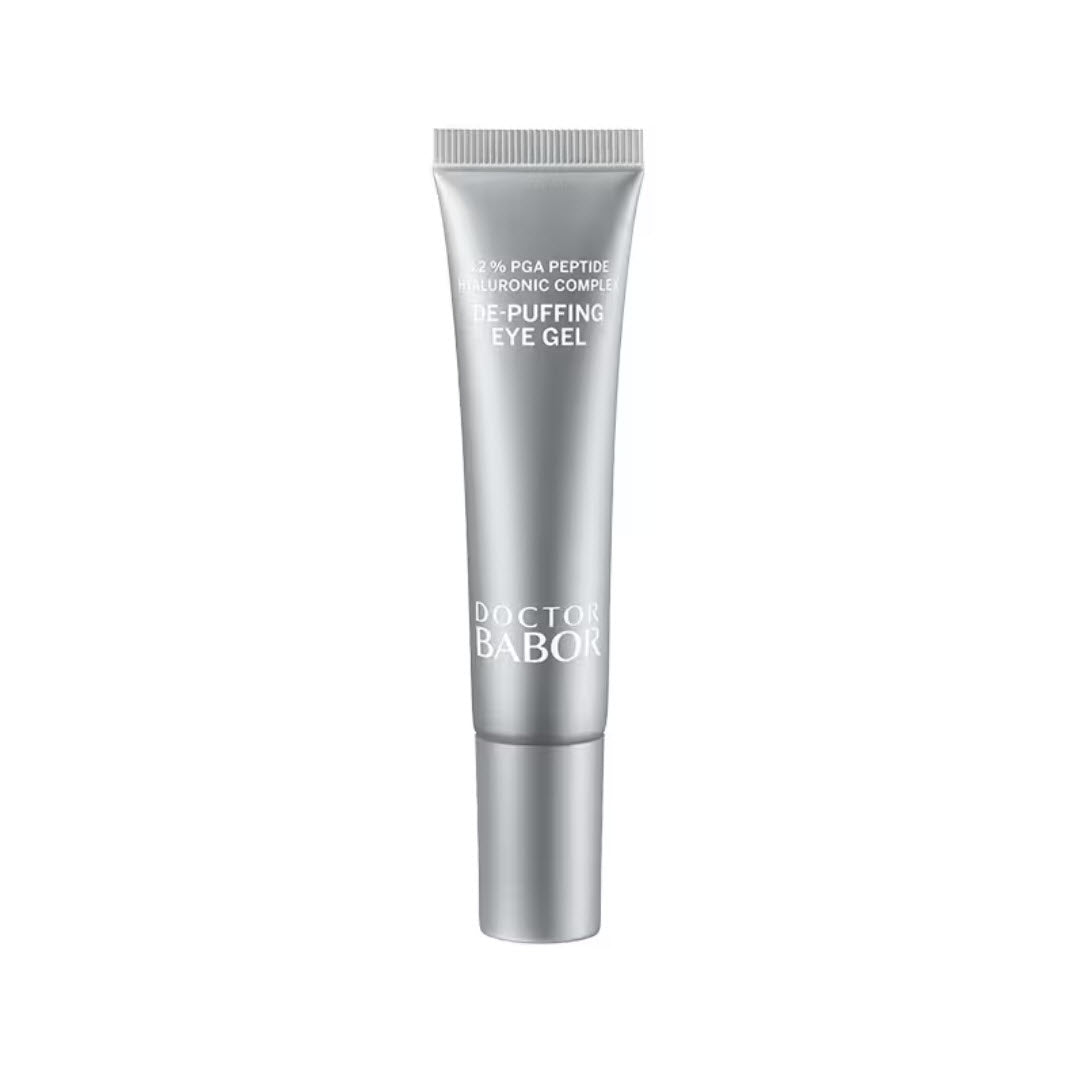 BABOR Depuffing Eye Gel 0.5 fl oz silver tube with 2 percent PGA peptide hyaluronic complex