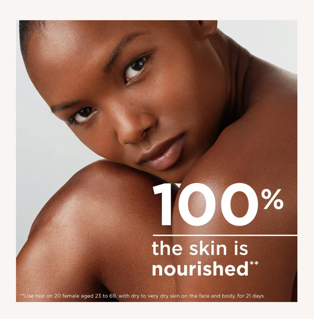 Woman resting her chin on her shoulder illustrating Bioderma Atoderm Intensive Balm clinical result: 100% the skin is nourished