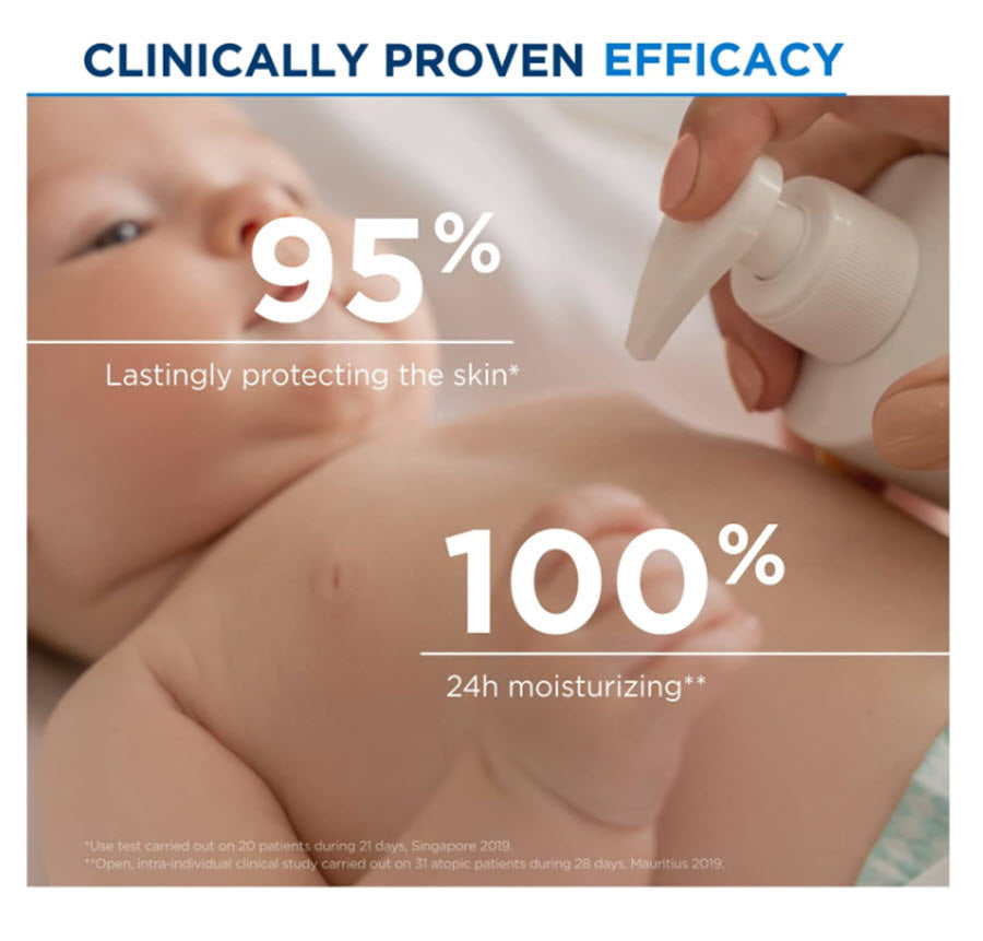 Bioderma Atoderm Intensive Gel-cream applied to a baby, clinically proven efficacy: 95% lastingly protecting the skin, 100% 24 hour moisturizing