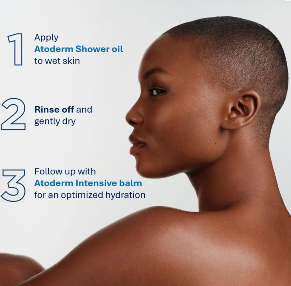 How to use Bioderma Atoderm Shower Oil: apply to wet skin, rinse off and gently dry, follow up with Atoderm Intensive Balm for an optimized hydration