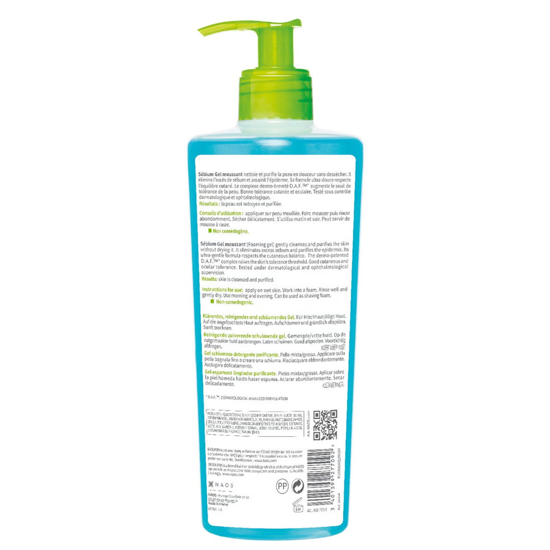 Bioderma Sebium Foaming Gel back label with product description, instructions for use, and ingredient information in multiple languages