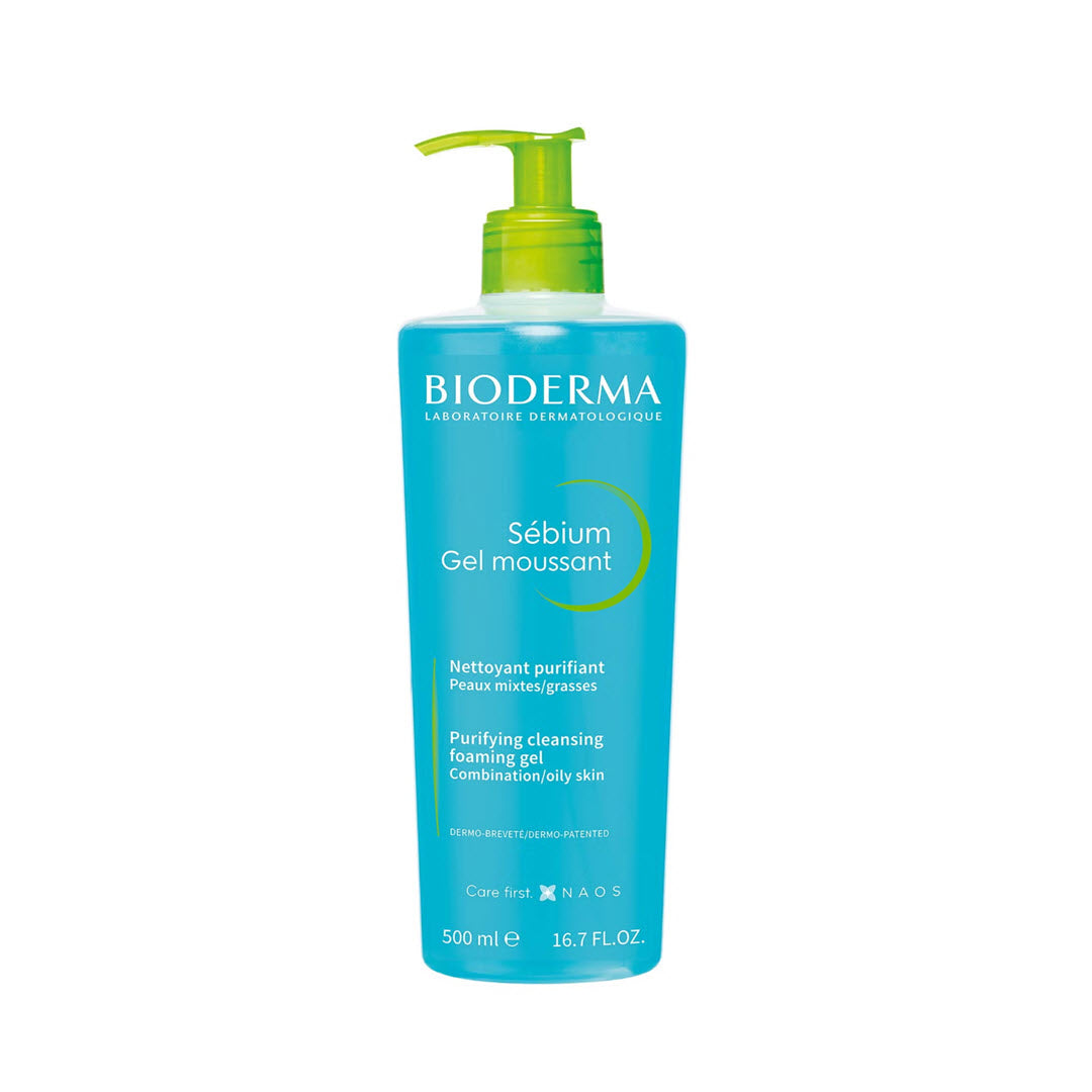 Bioderma Sebium Foaming Gel 500 ml pump bottle, purifying cleansing foaming gel for combination and oily skin