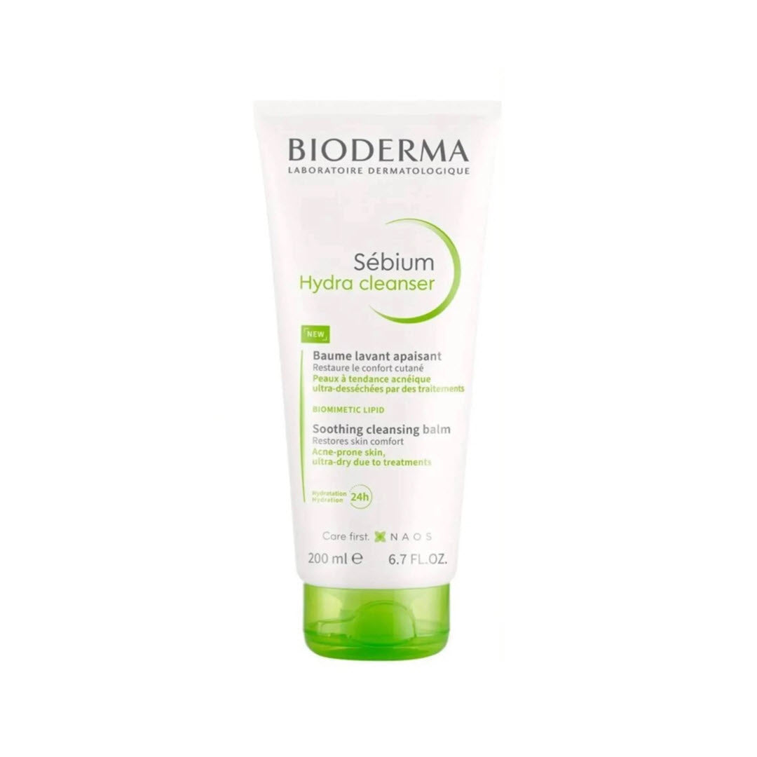 Bioderma Sebium Hydra Cleanser 200ml tube, soothing cleansing balm that restores skin comfort for acne-prone skin ultra-dry due to treatments
