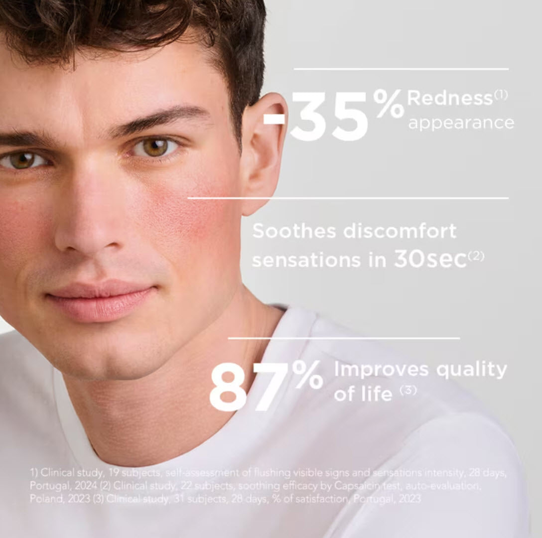 Man with redness on cheek illustrating Bioderma Sensibio AR+ Cream clinical results: 35% less redness appearance, soothes discomfort sensations in 30 seconds, 87% improves quality of life