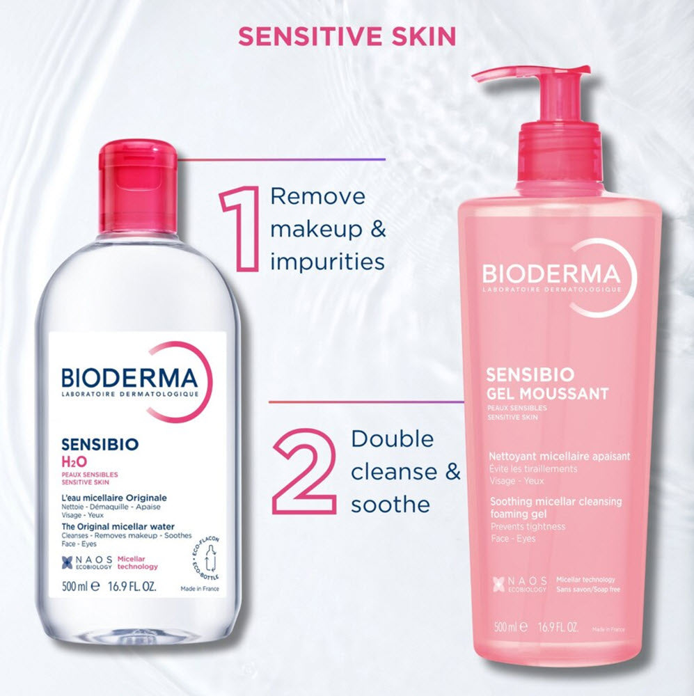 Bioderma Sensibio H2O and Sensibio Gel Moussant bottles illustrating the two-step routine for sensitive skin: step 1 remove makeup and impurities with Sensibio H2O, step 2 double cleanse and soothe with Sensibio Gel Moussant