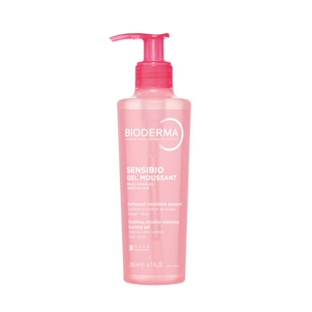 Bioderma Sensibio Foaming Gel 200 ml pump bottle, soothing micellar cleansing foaming gel for sensitive skin, face and eyes
