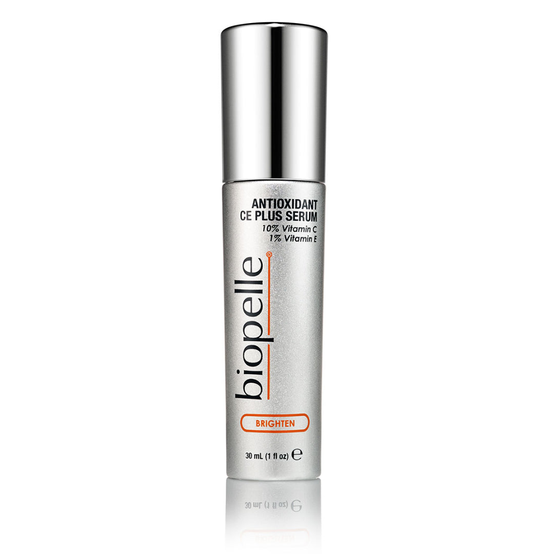 Biopelle Antioxidant CE Plus Serum 1 fl oz 30mL – Brighten collection serum with 10% Vitamin C and 1% Vitamin E in silver metallic bottle to brighten skin and neutralize free radicals