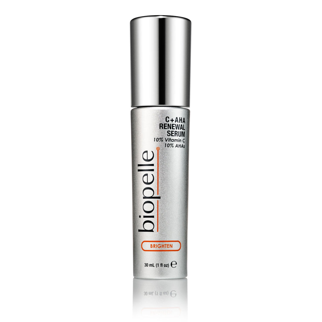 Biopelle C+AHA Renewal Serum 1 fl oz 30mL – Brighten collection serum with 10% Vitamin C and 10% AHAs in silver bottle to resurface, brighten and even skin tone