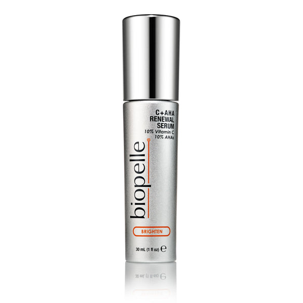 Biopelle C+AHA Renewal Serum 1 fl oz 30mL – Brighten collection serum with 10% Vitamin C and 10% AHAs in silver bottle to resurface, brighten and even skin tone