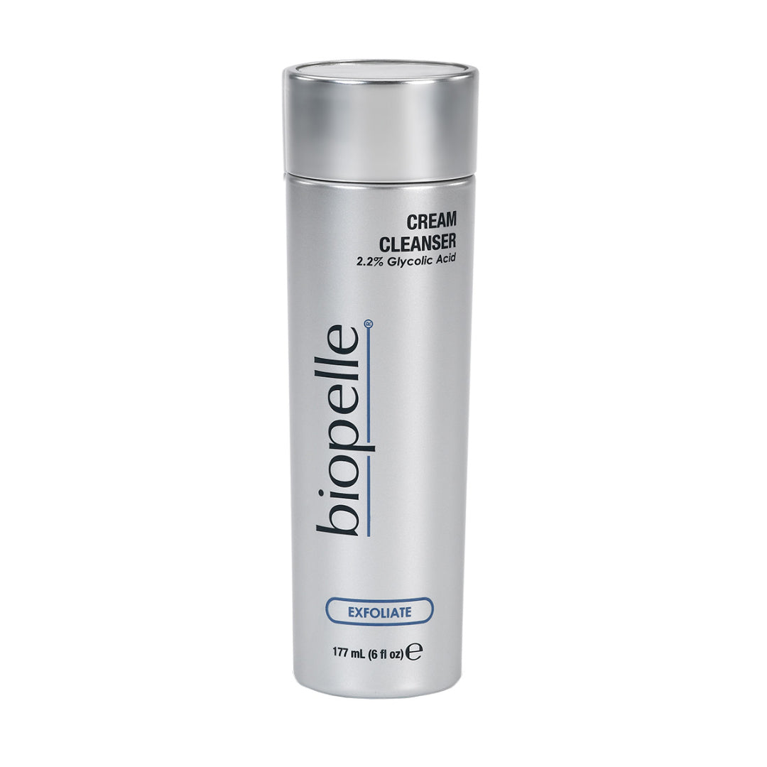 Biopelle Exfoliate Cream Cleanser 6 fl oz 177mL – 2.2% Glycolic Acid exfoliating cream cleanser in silver pump bottle for smooth, radiant, daily-cleansed skin