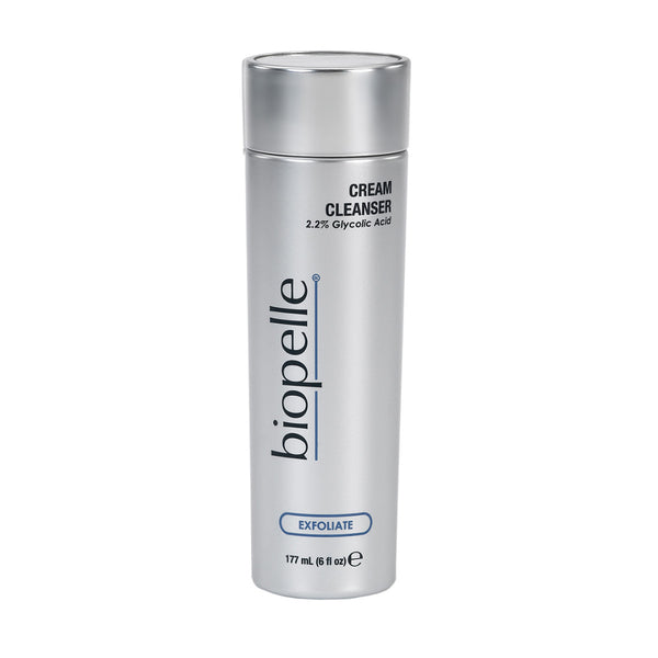 Biopelle Exfoliate Cream Cleanser 6 fl oz 177mL – 2.2% Glycolic Acid exfoliating cream cleanser in silver pump bottle for smooth, radiant, daily-cleansed skin