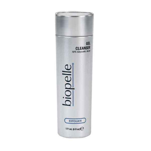 Biopelle Exfoliate Gel Cleanser 6 fl oz 177mL – exfoliating face wash with 10% Glycolic Acid in silver bottle for daily skin resurfacing and pore cleansing