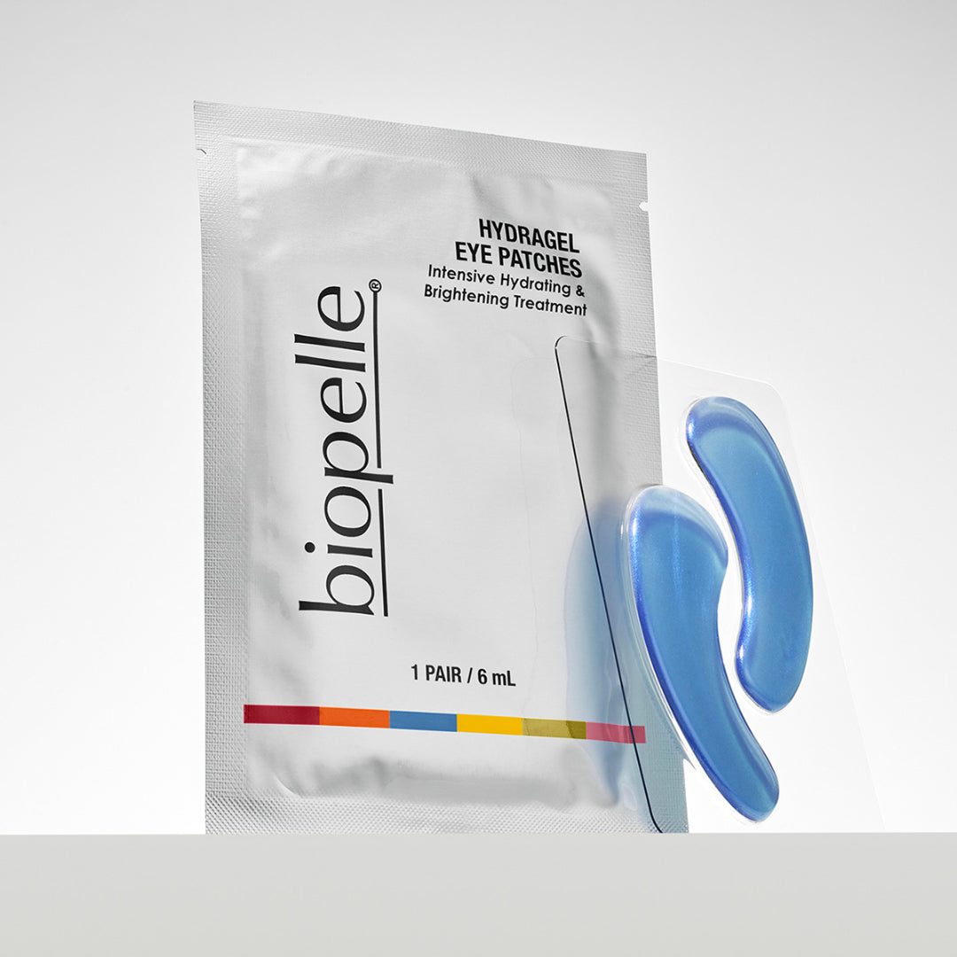Biopelle Hydragel eye patches packaging with two blue eye patches on a white background