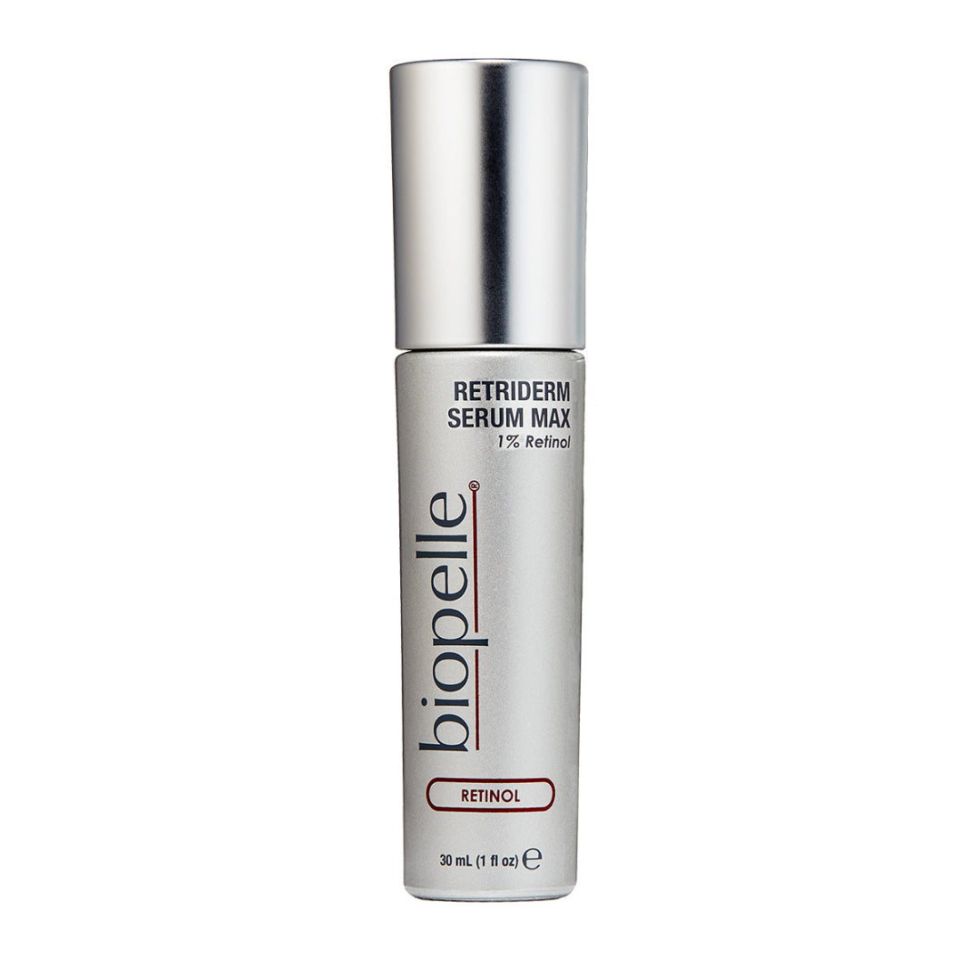 Biopelle Retriderm Serum Max 1% Retinol 1 fl oz – Retinol collection 30mL maximum-strength anti-aging retinol serum in silver bottle for skin with high tolerance to retinoids