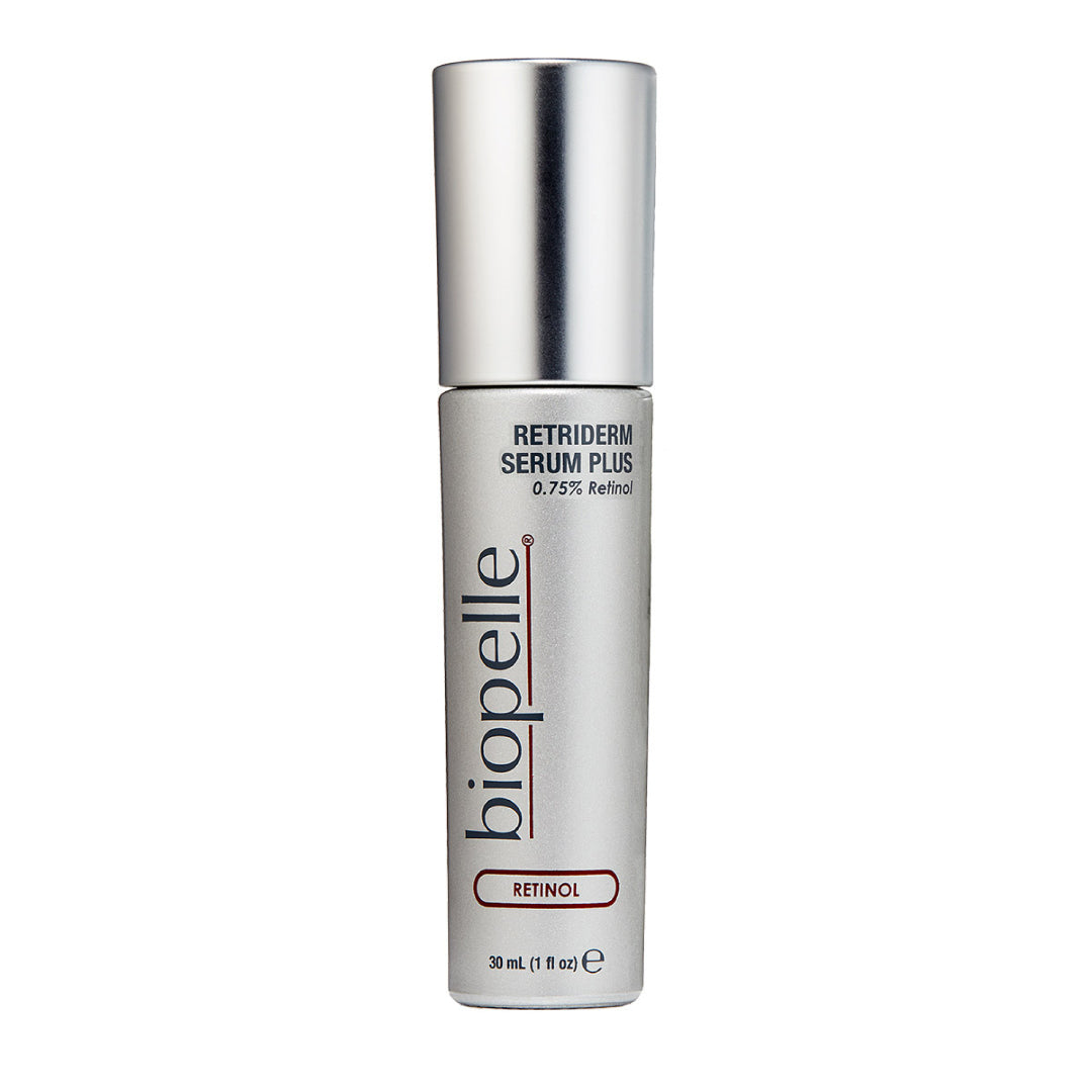 Biopelle Retriderm Serum Plus 0.75% Retinol 1 fl oz – Retinol collection 30mL anti-aging serum in silver bottle to reduce fine lines, wrinkles and uneven skin tone