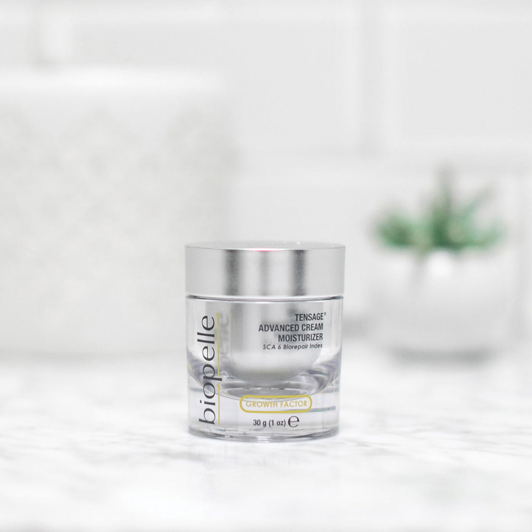 Biopelle Tensage Advanced Cream Moisturizer clear jar on marble surface – daily growth factor cream with SCA 6 Biorepair Index for skin regeneration and deep hydration