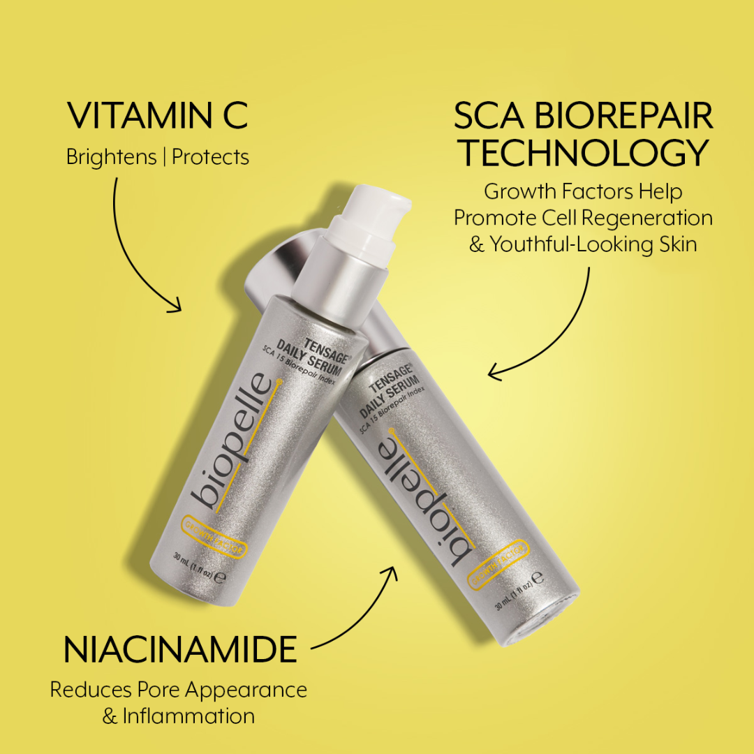 Biopelle Tensage Daily Serum key ingredients – Vitamin C for brightening and protection, SCA Biorepair Technology with growth factors for cell regeneration, Niacinamide to reduce pores and inflammation