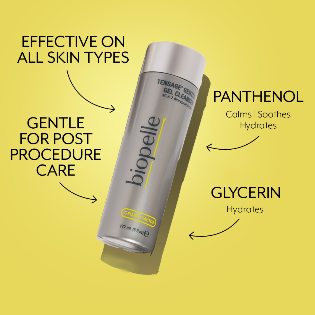 Biopelle Tensage Gentle Gel Cleanser ingredient highlights – effective on all skin types and gentle for post-procedure care, featuring Panthenol and Glycerin for soothing hydration