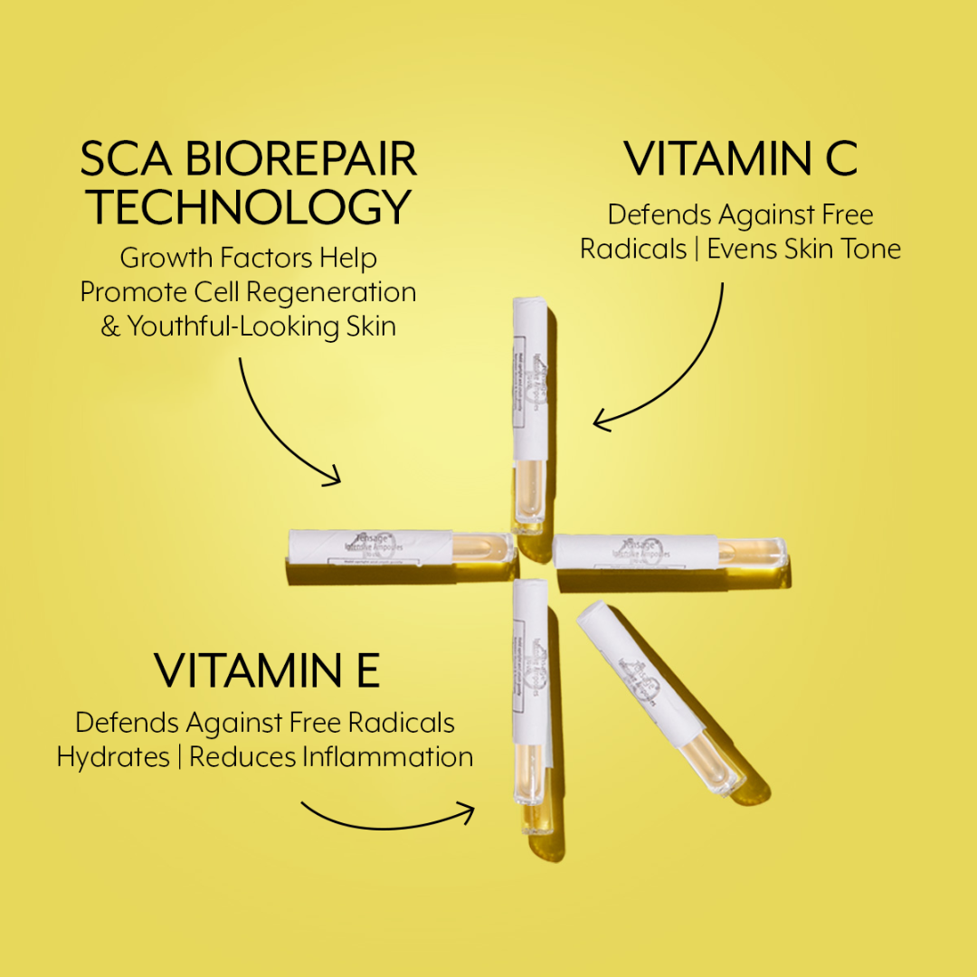 Cosmetic product packaging with text about SCA Biorepair Technology, Vitamin C, and Vitamin E on a yellow background.