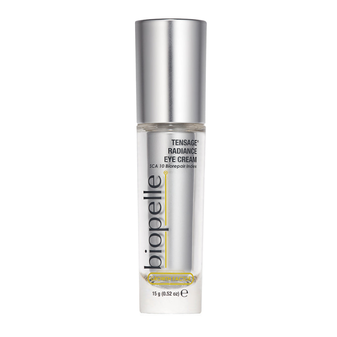 Biopelle Tensage Radiance Eye Cream 0.52 oz 15g – SCA 10 Biorepair Index growth factor eye cream in clear pump bottle with silver cap for brighter, firmer eye area