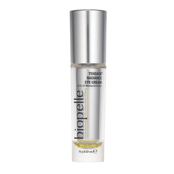 Biopelle Tensage Radiance Eye Cream 0.52 oz 15g – SCA 10 Biorepair Index growth factor eye cream in clear pump bottle with silver cap for brighter, firmer eye area