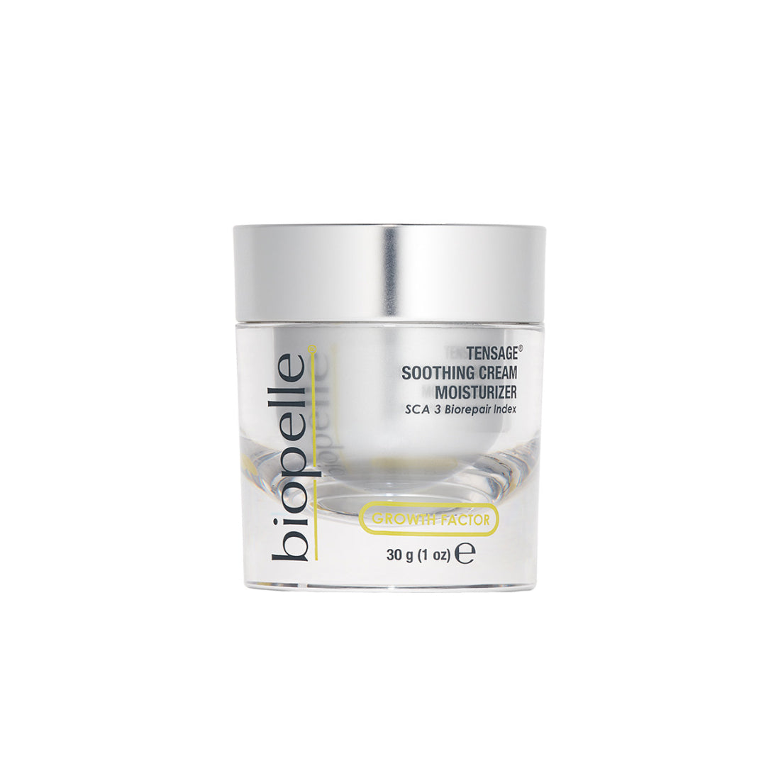Biopelle Tensage Soothing Cream Moisturizer 1 oz 30g – growth factor moisturizer with SCA 3 Biorepair Index in clear glass jar with silver lid for hydrated, younger-looking skin