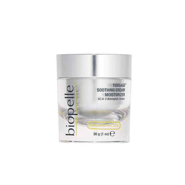 Biopelle Tensage Soothing Cream Moisturizer 1 oz 30g – growth factor moisturizer with SCA 3 Biorepair Index in clear glass jar with silver lid for hydrated, younger-looking skin