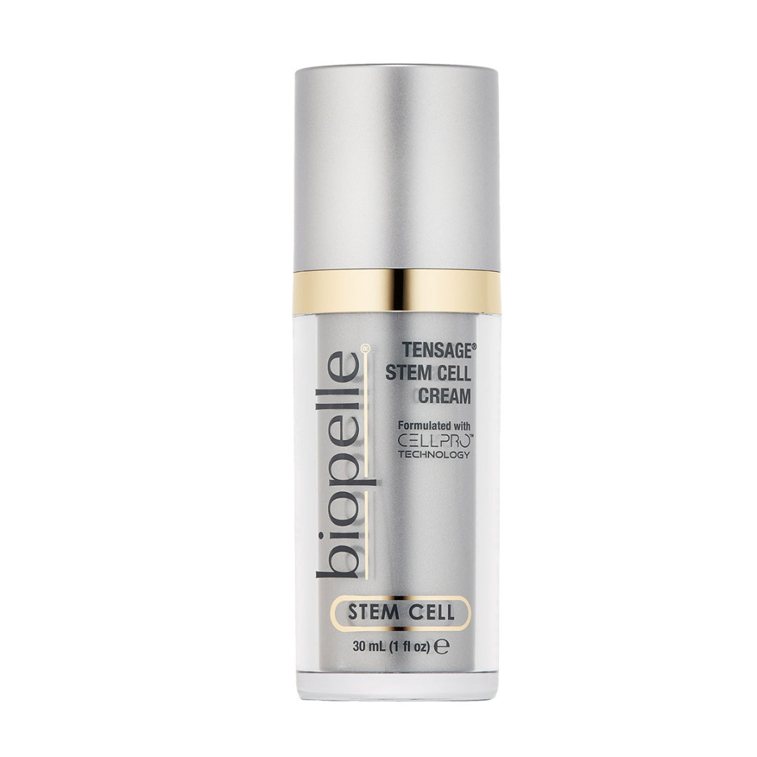 Biopelle Tensage Stem Cell Cream 1 fl oz 30mL – CellPro Technology stem cell cream with Retinol and Peptides in silver pump bottle with gold band for skin renewal and anti-aging