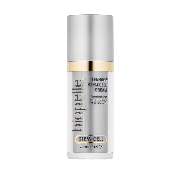 Biopelle Tensage Stem Cell Cream 1 fl oz 30mL – CellPro Technology stem cell cream with Retinol and Peptides in silver pump bottle with gold band for skin renewal and anti-aging