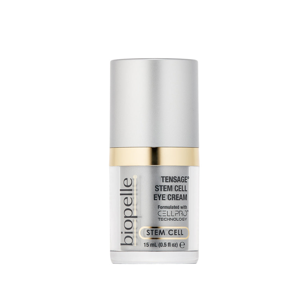 Biopelle Tensage Stem Cell Eye Cream 0.5 fl oz 15mL – CellPro Technology eye cream with Caffeine and Retinol in silver pump bottle with gold band for firmer, youthful-looking eye area