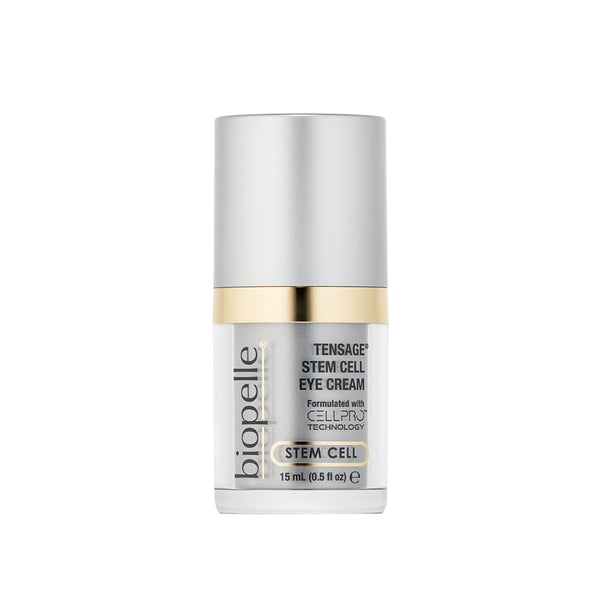 Biopelle Tensage Stem Cell Eye Cream 0.5 fl oz 15mL – CellPro Technology eye cream with Caffeine and Retinol in silver pump bottle with gold band for firmer, youthful-looking eye area