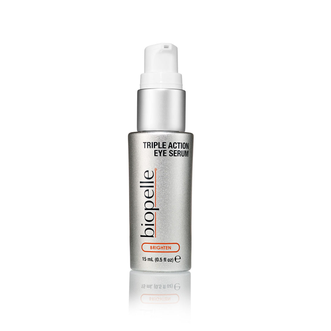 Biopelle Triple Action Eye Serum 15mL with pump applicator shown – Brighten collection eye serum for precise application to reduce dark circles, fine lines and puffiness